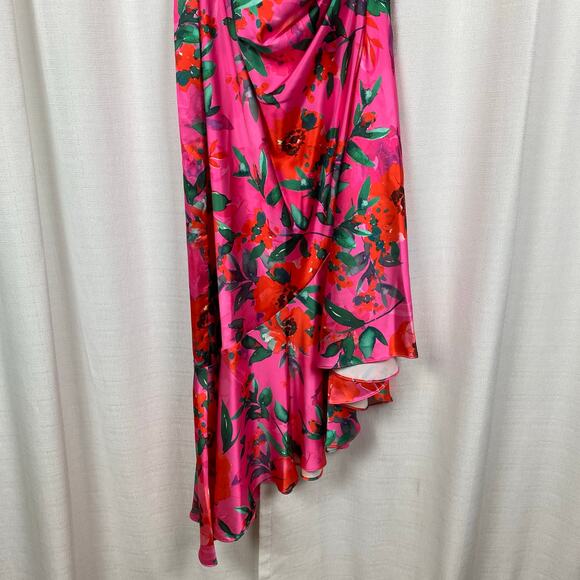 Eliza J Hot Pink Floral One Shoulder Ruffle Hi Lo A Line Dress Sz.10 NWT - Picture 6 of 16